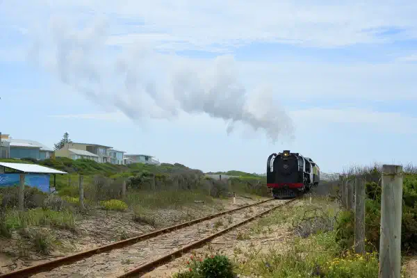 A steam train heads towards the camera, it is around 100 metres away.