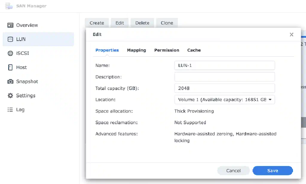 Synology DSM iSCSI LUN editing